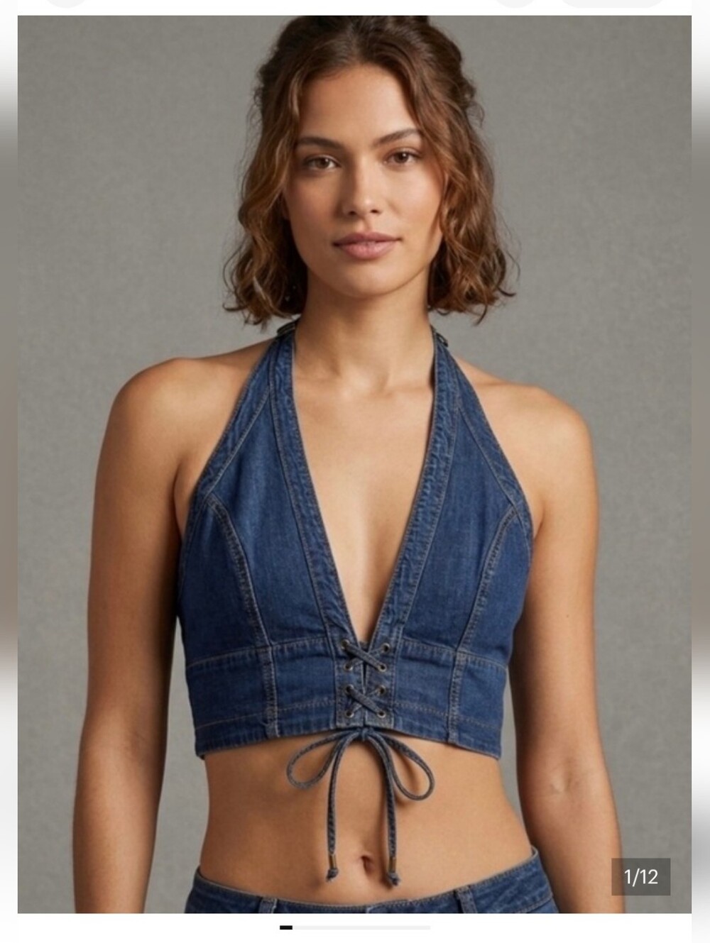 Anthropologie Pilcro Dark Blue Denim Lace-Up Tie Front Halter Crop Top